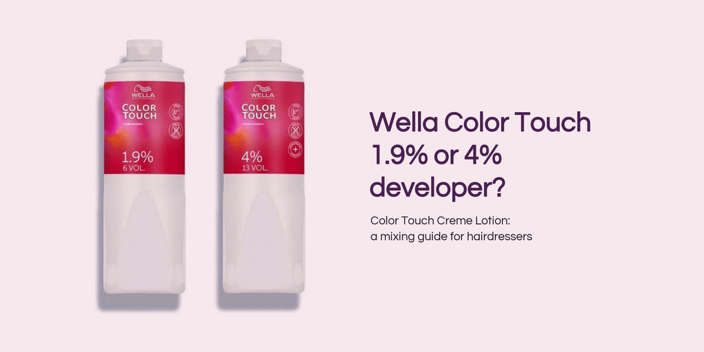 Wella Color Touch Creme Lotion 1.9% (6 vol) and 4% (13 vol) developer bottles, with the question: Wella Color Touch 1.9% or 4% developer?