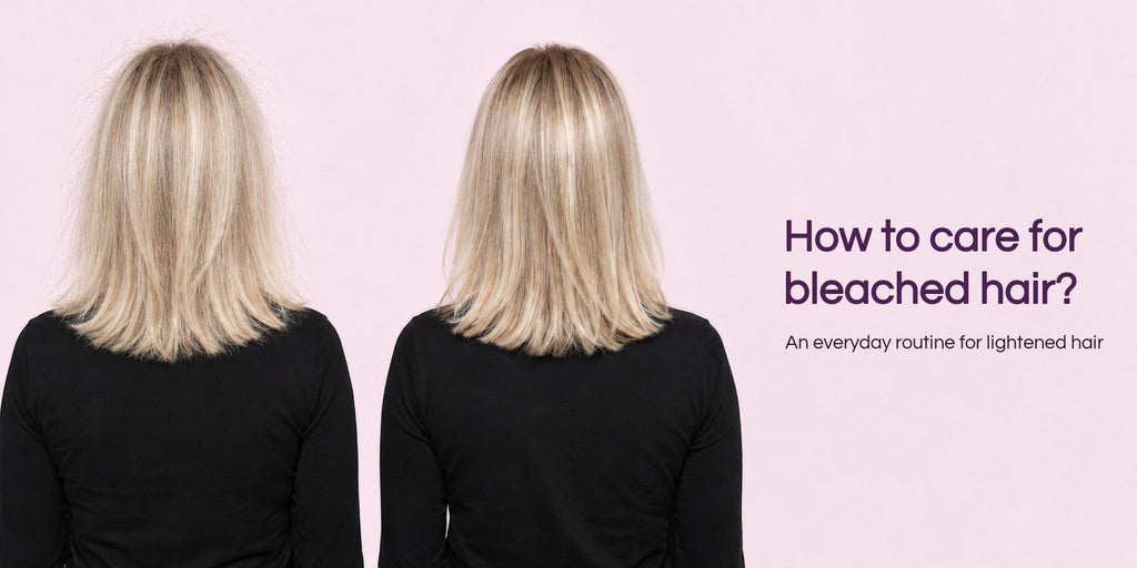 The same blonde woman from behind twice, frizzy bleached hair on the left and smooth glossy hair on the right, with How to care for bleached hair?