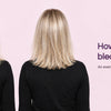 The same blonde woman from behind twice, frizzy bleached hair on the left and smooth glossy hair on the right, with How to care for bleached hair?
