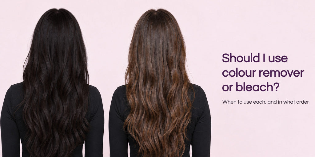 Very dark dyed hair beside lighter warm brown hair, with the question Should I use colour remover or bleach?