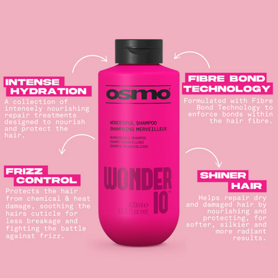 Osmo Wonder 10 Shampoo benefits - intense hydration, fibre bond technology, frizz control, shinier hair