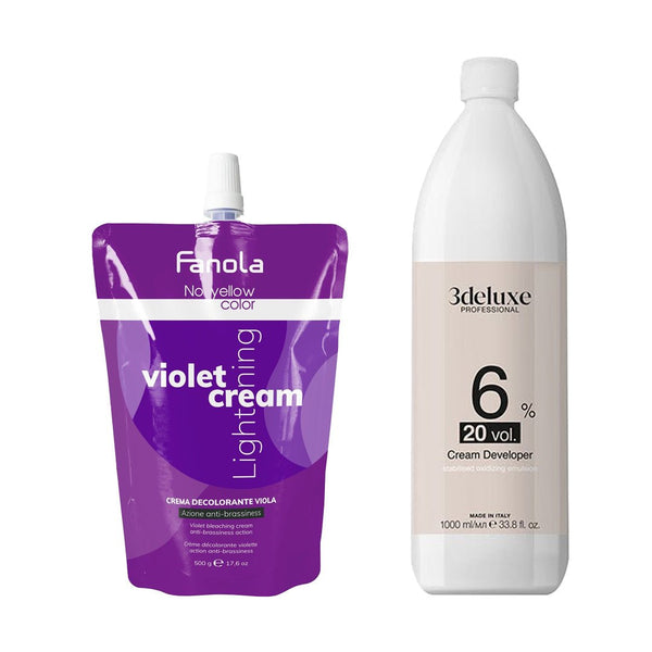 Fanola Color No Yellow Violet Bleaching Cream - 500g + 3deluxe Professional Professional Cream Developer 20V 1000ml - Hairdressing Supplies
