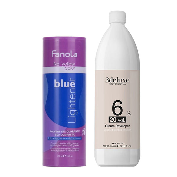 Fanola No Yellow Color Blue Lightener + 3deluxe Professional Professional Cream Developer 20V 1000ml - Hairdressing Supplies