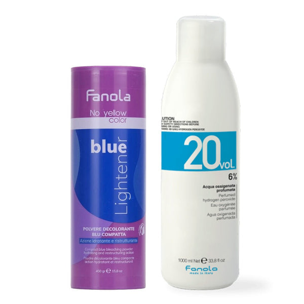 Fanola No Yellow Color Blue Lightener + Fanola Color Peroxide 1000ml - 20 Vol - Hairdressing Supplies