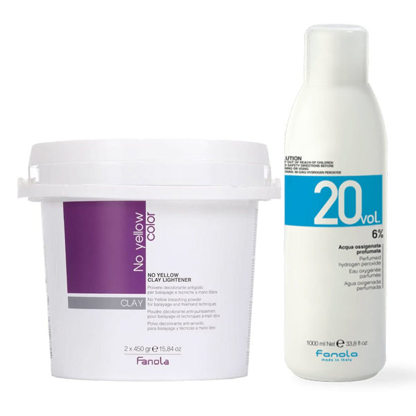 Fanola No Yellow Color Clay Lightener for Balayage 2x450g + Fanola Color Peroxide 1000ml - 20 Vol - Hairdressing Supplies