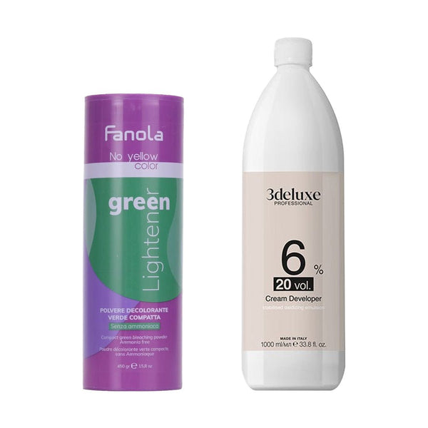 Fanola No Yellow Color Green Lightener + 3deluxe Professional Professional Cream Developer 20V 1000ml - Hairdressing Supplies