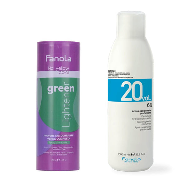Fanola No Yellow Color Green Lightener + Fanola Color Peroxide 1000ml - 20 Vol - Hairdressing Supplies