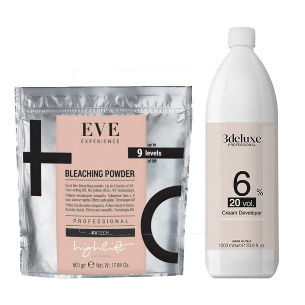FarmaVita Eve Experience Highlift Bleaching Powder Aluminium Bag 500g + 3deluxe Professional Professional Cream Developer 20V 1000ml - Hairdressing Supplies