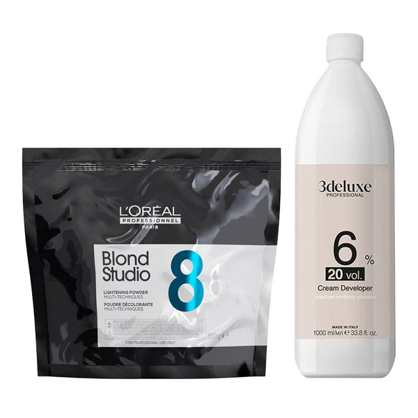 L'Oreal Professionnel Blond Studio 8 Multi Techniques Powder 500g + 3deluxe Professional Professional Cream Developer 20V 1000ml - Hairdressing Supplies