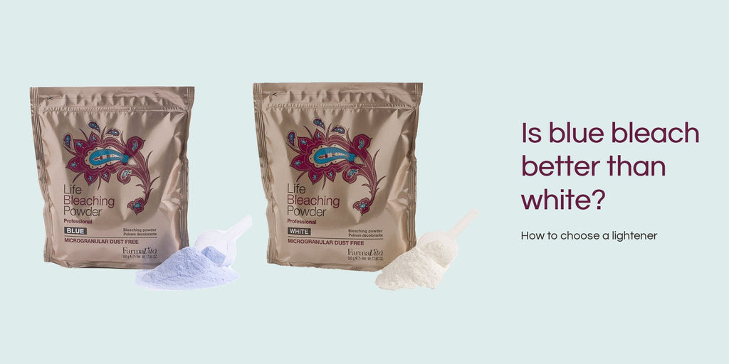 FarmaVita Life blue and white bleaching powders with scoops of powder, beside the question Is blue bleach better than white?
