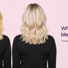 Before and after toning: brassy orange and yellow bleached hair beside even pale cool blonde, with the question What toner after bleaching hair?