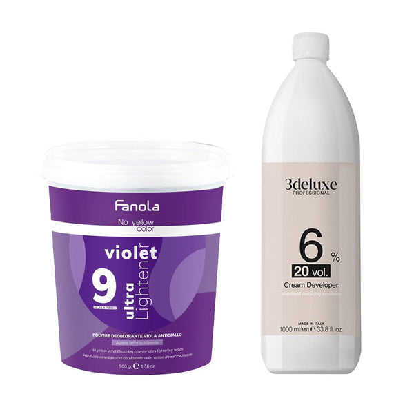 Fanola Color No Yellow 9 Tone Bleaching Powder - 500g + 3deluxe Professional Professional Cream Developer 20V 1000ml - Hairdressing Supplies