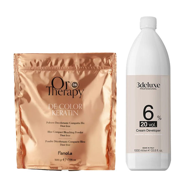 Fanola Oro Therapy De - Color Keratin Blue Bleaching Powder - 500g + 3deluxe Professional Professional Cream Developer 20V 1000ml - Hairdressing Supplies