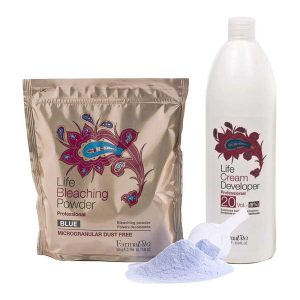 FarmaVita Bleaching Bundle Life Blue Powder + Life 6% Cream Developer 1000ml - Hairdressing Supplies