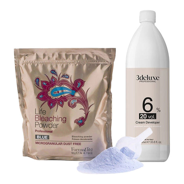 FarmaVita Life Bleaching Powder Blue Aluminium Bag + 3deluxe Professional Professional Cream Developer 20V 1000ml - Hairdressing Supplies