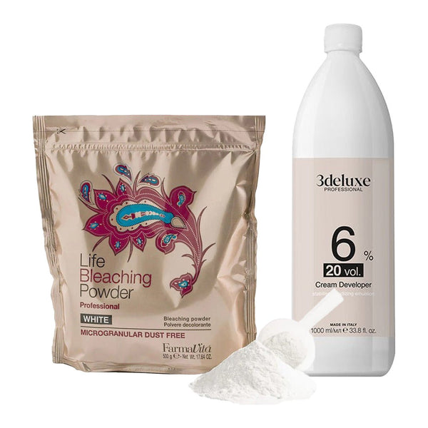 FarmaVita Life Bleaching Powder White Aluminium Bag + 3deluxe Professional Professional Cream Developer 20V 1000ml - Hairdressing Supplies