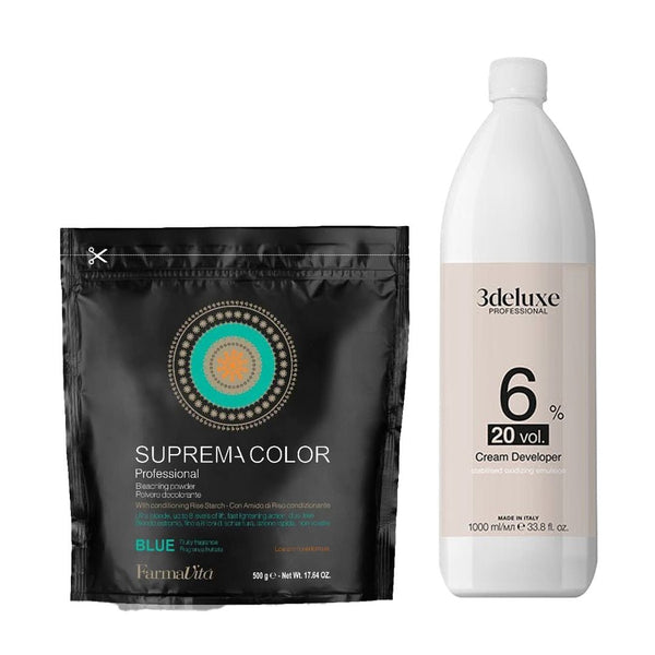 FarmaVita Suprema Color Blue Bleach Powder 500g + 3deluxe Professional Professional Cream Developer 20V 1000ml - Hairdressing Supplies